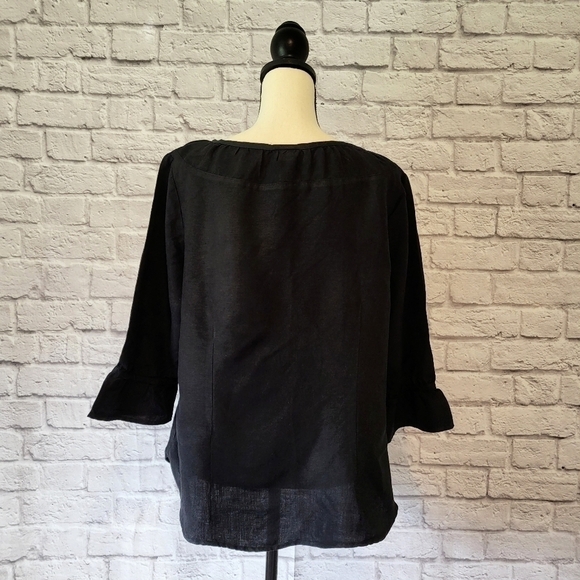 Lane Bryant black linen blend 3/4 sleeve criss cross tie front scoop neck top - Picture 7 of 9